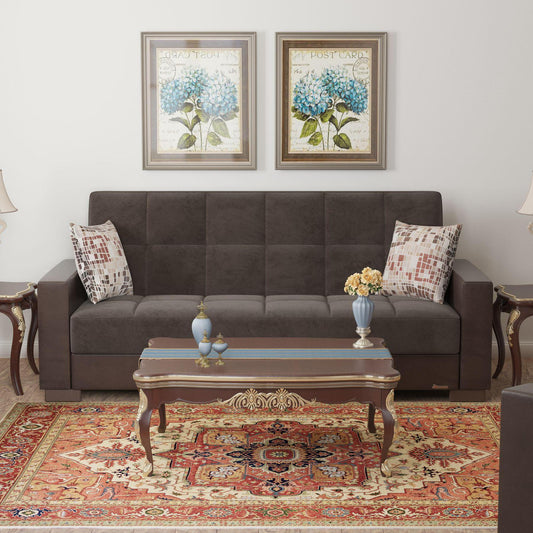Modern design, Friar Brown, Dark Brown , Microfiber, Artificial Leather upholstered convertible sleeper Sofabed with underseat storage from Voyage Track by Ottomanson in living room lifestyle setting by itself. This Sofabed measures 90 inches width by 36 inches depth by 41 inches height.