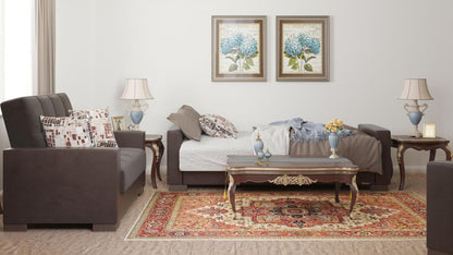 Modern design, Friar Brown, Dark Brown , Microfiber, Artificial Leather  upholstered convertible sleeper Sofabed with underseat storage from Voyage Track by Ottomanson in living room lifestyle setting converted to sleeper. This Sofabed measures 90 inches width by 36 inches depth by 41 inches height.