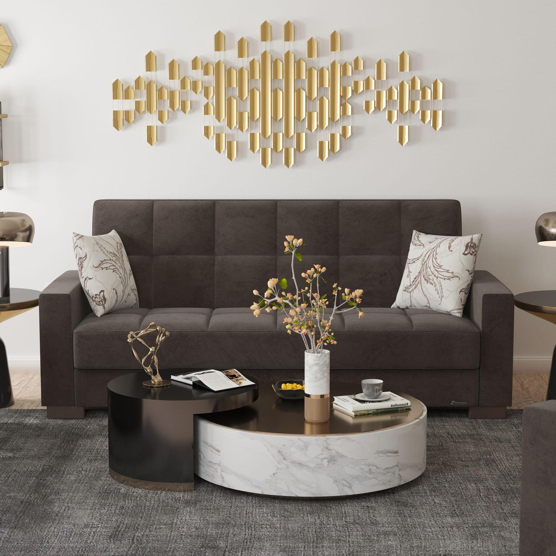 Modern design, Friar Brown , Microfiber upholstered convertible sleeper Sofabed with underseat storage from Voyage Track by Ottomanson in living room lifestyle setting by itself. This Sofabed measures 90 inches width by 36 inches depth by 41 inches height.
