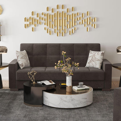 Modern design, Friar Brown , Microfiber upholstered convertible sleeper Sofabed with underseat storage from Voyage Track by Ottomanson in living room lifestyle setting by itself. This Sofabed measures 90 inches width by 36 inches depth by 41 inches height.