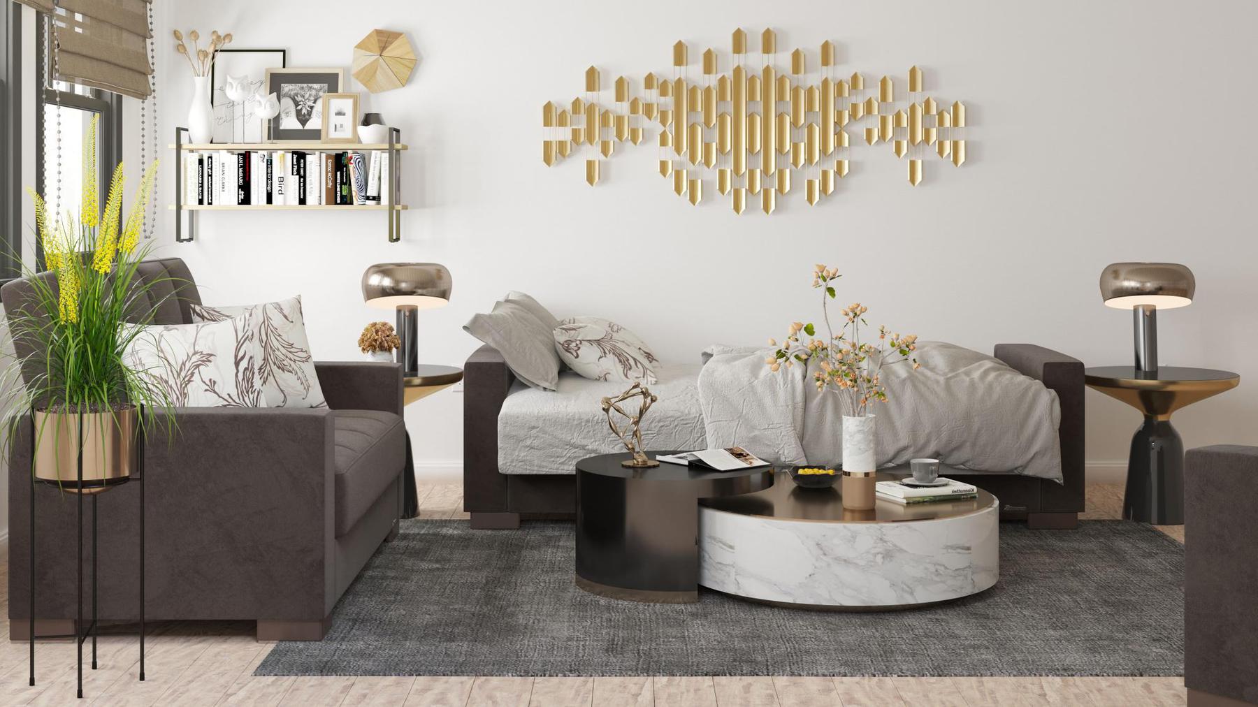 Modern design, Friar Brown , Microfiber  upholstered convertible sleeper Sofabed with underseat storage from Voyage Track by Ottomanson in living room lifestyle setting converted to sleeper. This Sofabed measures 90 inches width by 36 inches depth by 41 inches height.