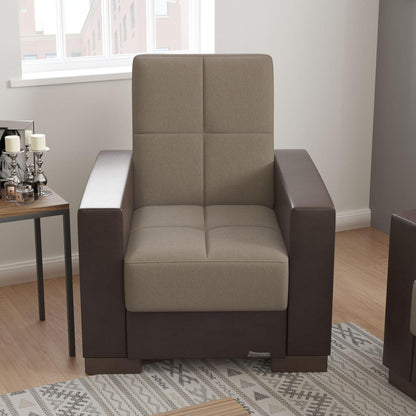 Modern design, Light Taupe, Dark Brown , Chenille, Artificial Leather upholstered convertible Armchair with underseat storage from Voyage Track by Ottomanson in living room lifestyle setting by itself. This Armchair measures 38 inches width by 36 inches depth by 41 inches height.