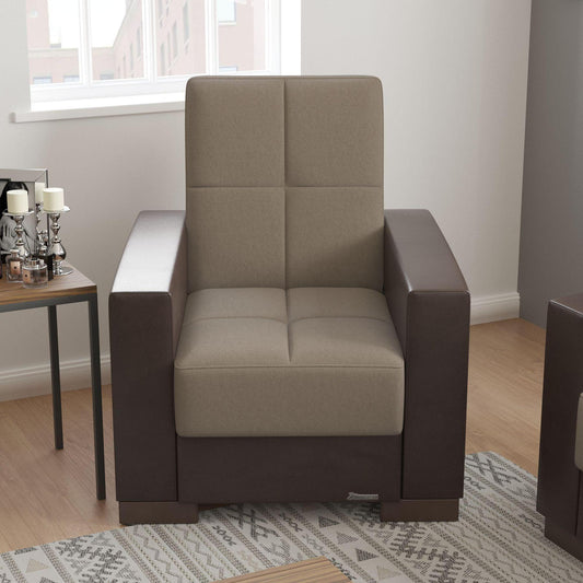 Modern design, Light Taupe, Dark Brown , Chenille, Artificial Leather upholstered convertible Armchair with underseat storage from Voyage Track by Ottomanson in living room lifestyle setting by itself. This Armchair measures 38 inches width by 36 inches depth by 41 inches height.