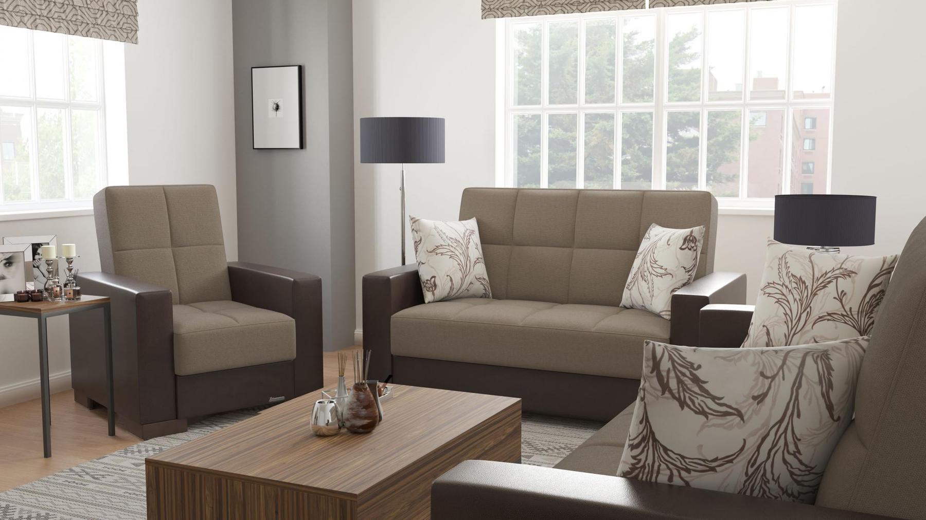 Modern design, Light Taupe, Dark Brown , Chenille, Artificial Leather upholstered convertible Armchair with underseat storage from Voyage Track by Ottomanson in living room lifestyle setting with another piece of furniture. This Armchair measures 38 inches width by 36 inches depth by 41 inches height.