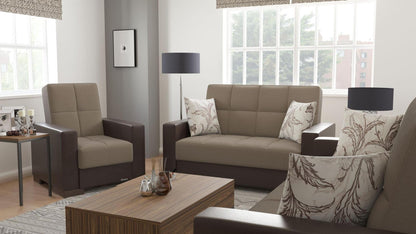 Modern design, Light Taupe, Dark Brown , Chenille, Artificial Leather upholstered convertible Armchair with underseat storage from Voyage Track by Ottomanson in living room lifestyle setting with another piece of furniture. This Armchair measures 38 inches width by 36 inches depth by 41 inches height.