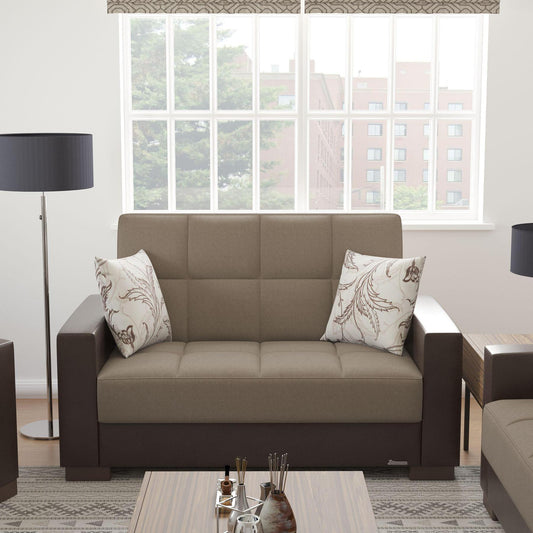 Modern design, Light Taupe, Dark Brown , Chenille, Artificial Leather upholstered convertible sleeper Loveseat with underseat storage from Voyage Track by Ottomanson in living room lifestyle setting by itself. This Loveseat measures 67 inches width by 36 inches depth by 41 inches height.