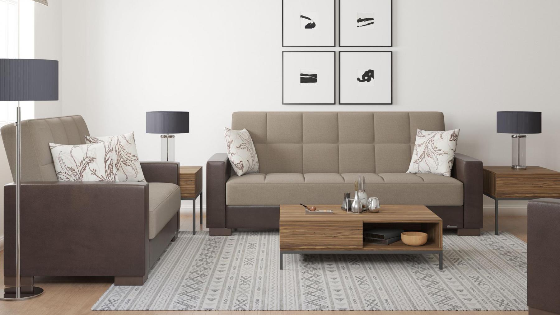 Modern design, Light Taupe, Dark Brown , Chenille, Artificial Leather upholstered convertible sleeper Sofabed with underseat storage from Voyage Track by Ottomanson in living room lifestyle setting with another piece of furniture. This Sofabed measures 90 inches width by 36 inches depth by 41 inches height.