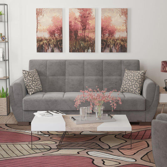 Modern design, Pewter Gray , Microfiber upholstered convertible sleeper Sofabed with underseat storage from Voyage Shelter by Ottomanson in living room lifestyle setting by itself. This Sofabed measures 94 inches width by 36 inches depth by 41 inches height.