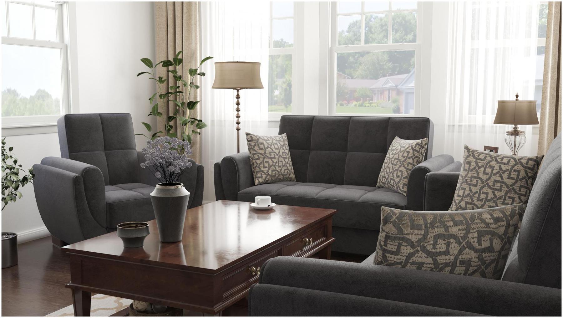 Modern design, Black , Microfiber upholstered convertible Armchair with underseat storage from Voyage Shelter by Ottomanson in living room lifestyle setting with another piece of furniture. This Armchair measures 42 inches width by 36 inches depth by 41 inches height.