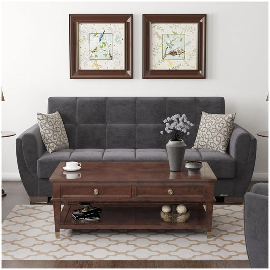Modern design, Black , Microfiber upholstered convertible sleeper Sofabed with underseat storage from Voyage Shelter by Ottomanson in living room lifestyle setting by itself. This Sofabed measures 94 inches width by 36 inches depth by 41 inches height.