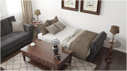 Modern design, Black , Microfiber  upholstered convertible sleeper Sofabed with underseat storage from Voyage Shelter by Ottomanson in living room lifestyle setting converted to sleeper. This Sofabed measures 94 inches width by 36 inches depth by 41 inches height.