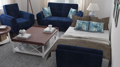 Modern design, True Blue , Microfiber  upholstered convertible Armchair with underseat storage from Voyage Shelter by Ottomanson in living room lifestyle setting converted to sleeper. This Armchair measures 42 inches width by 36 inches depth by 41 inches height.