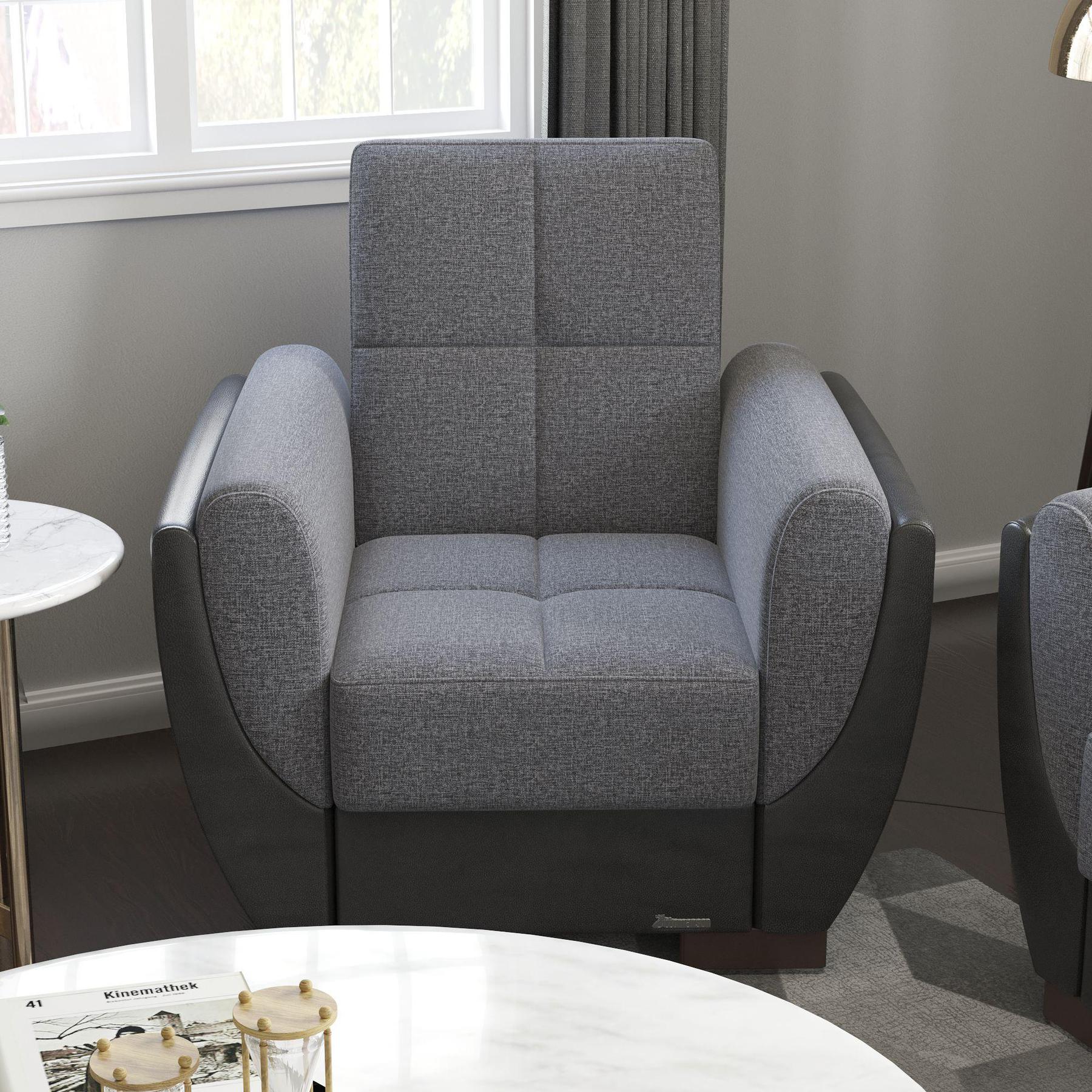 Modern design, Salt and Pepper Gray, Black , Chenille, Artificial Leather upholstered convertible Armchair with underseat storage from Voyage Shelter by Ottomanson in living room lifestyle setting by itself. This Armchair measures 42 inches width by 36 inches depth by 41 inches height.