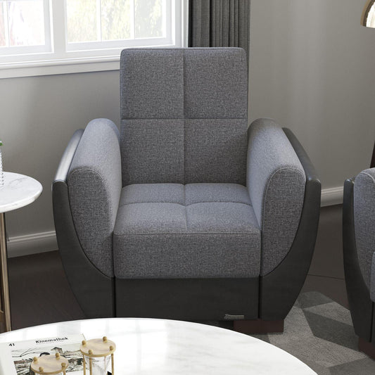 Modern design, Salt and Pepper Gray, Black , Chenille, Artificial Leather upholstered convertible Armchair with underseat storage from Voyage Shelter by Ottomanson in living room lifestyle setting by itself. This Armchair measures 42 inches width by 36 inches depth by 41 inches height.