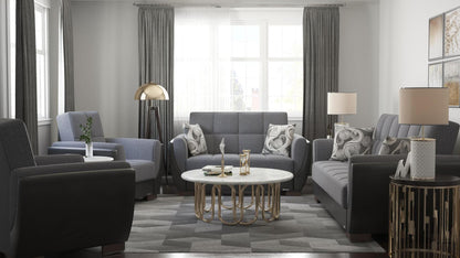 Modern design, Salt and Pepper Gray, Black , Chenille, Artificial Leather upholstered convertible Armchair with underseat storage from Voyage Shelter by Ottomanson in living room lifestyle setting with the matching furniture set. This Armchair measures 42 inches width by 36 inches depth by 41 inches height.