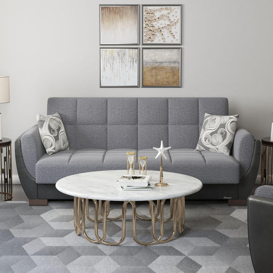 Modern design, Salt and Pepper Gray, Black , Chenille, Artificial Leather upholstered convertible sleeper Sofabed with underseat storage from Voyage Shelter by Ottomanson in living room lifestyle setting by itself. This Sofabed measures 94 inches width by 36 inches depth by 41 inches height.