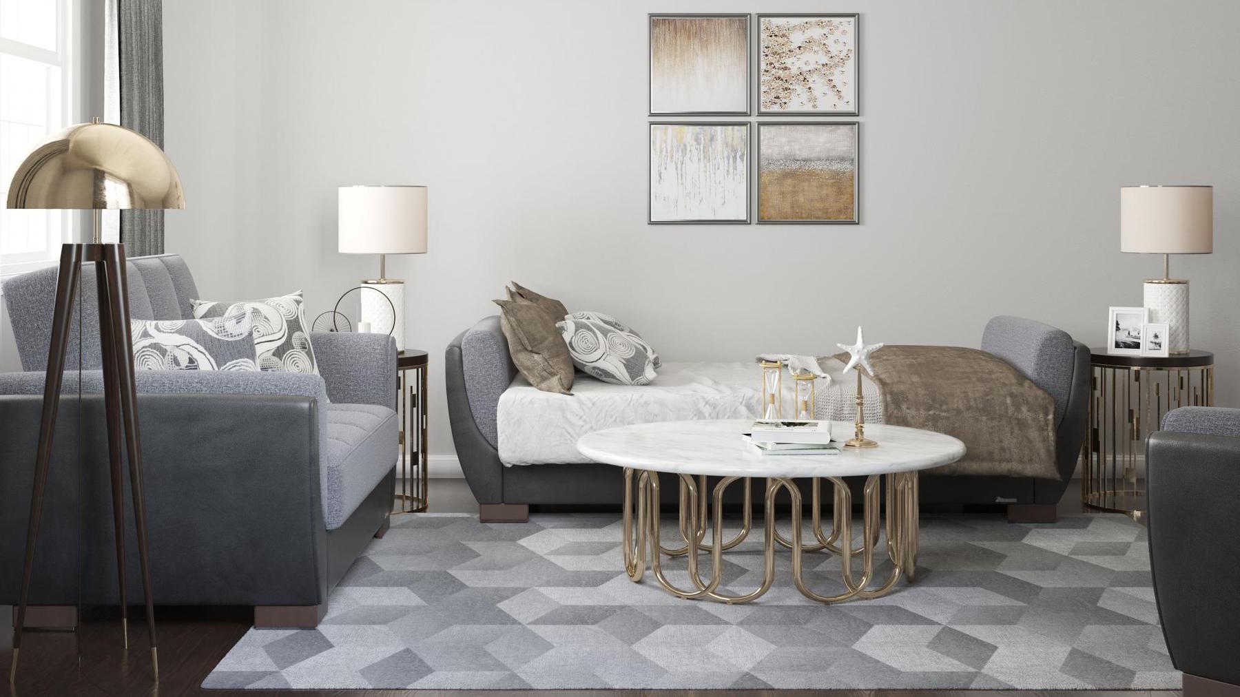 Modern design, Salt and Pepper Gray, Black , Chenille, Artificial Leather  upholstered convertible sleeper Sofabed with underseat storage from Voyage Shelter by Ottomanson in living room lifestyle setting converted to sleeper. This Sofabed measures 94 inches width by 36 inches depth by 41 inches height.