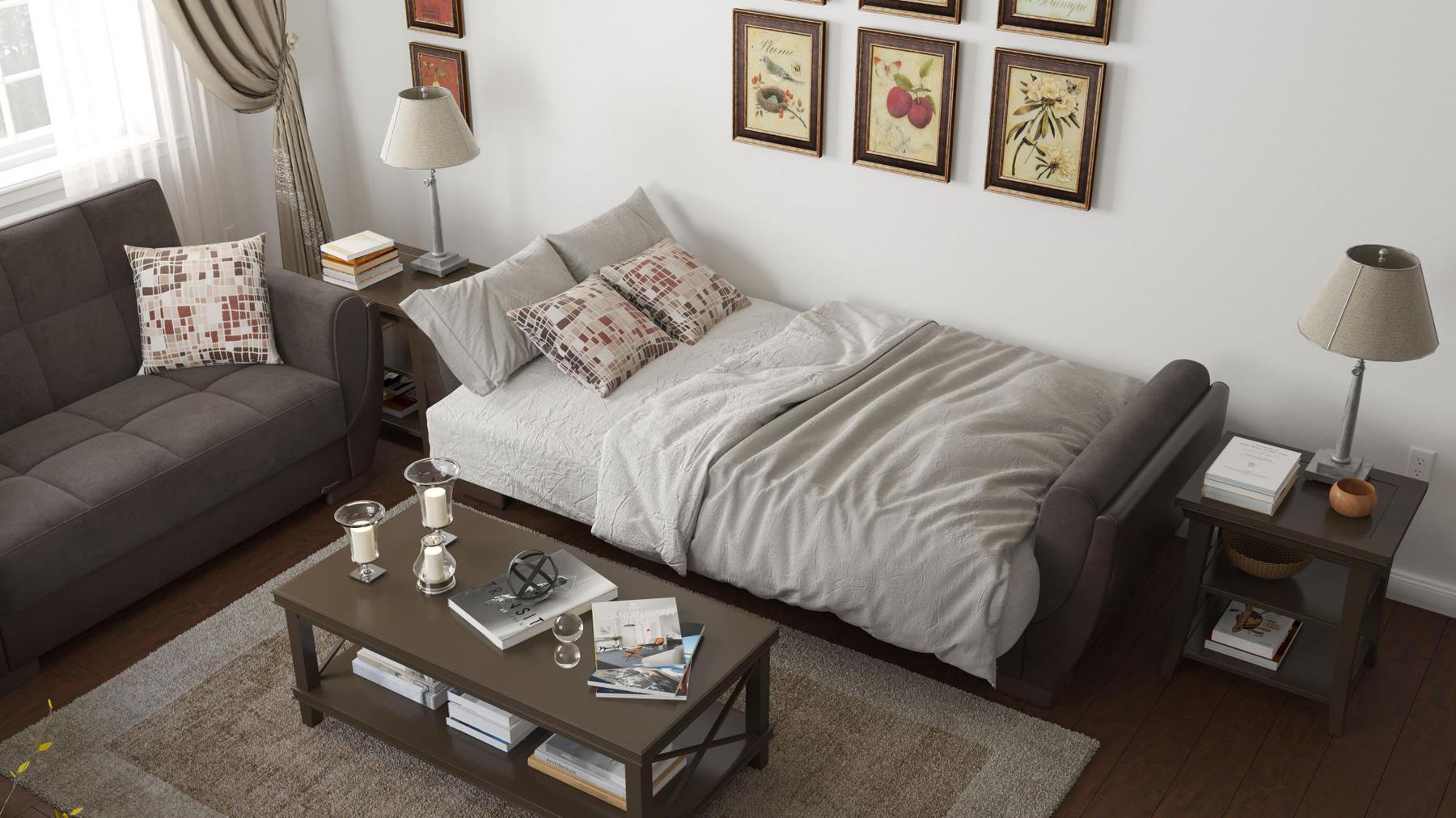 Modern design, Friar Brown, Dark Brown , Microfiber, Artificial Leather  upholstered convertible sleeper Sofabed with underseat storage from Voyage Shelter by Ottomanson in living room lifestyle setting converted to sleeper. This Sofabed measures 94 inches width by 36 inches depth by 41 inches height.