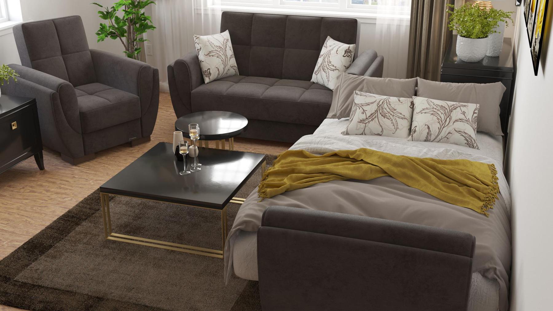 Modern design, Friar Brown , Microfiber  upholstered convertible Armchair with underseat storage from Voyage Shelter by Ottomanson in living room lifestyle setting converted to sleeper. This Armchair measures 42 inches width by 36 inches depth by 41 inches height.