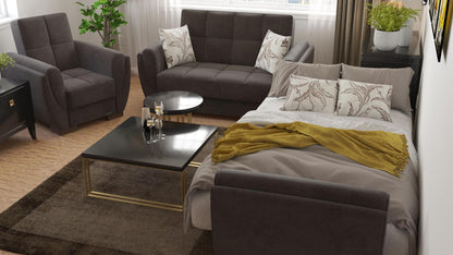 Modern design, Friar Brown , Microfiber  upholstered convertible Armchair with underseat storage from Voyage Shelter by Ottomanson in living room lifestyle setting converted to sleeper. This Armchair measures 42 inches width by 36 inches depth by 41 inches height.