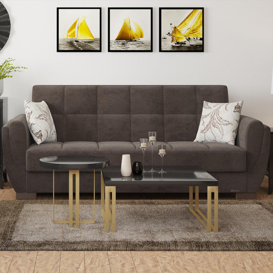 Modern design, Friar Brown , Microfiber upholstered convertible sleeper Sofabed with underseat storage from Voyage Shelter by Ottomanson in living room lifestyle setting by itself. This Sofabed measures 94 inches width by 36 inches depth by 41 inches height.