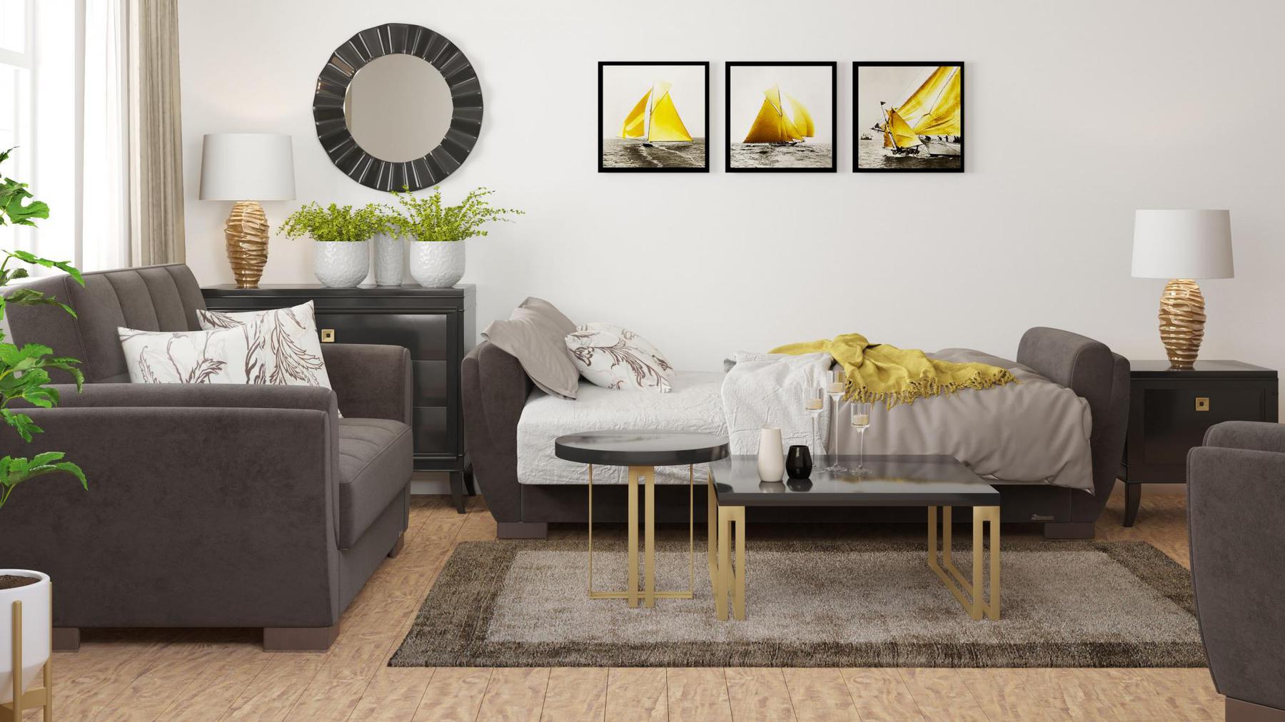 Modern design, Friar Brown , Microfiber  upholstered convertible sleeper Sofabed with underseat storage from Voyage Shelter by Ottomanson in living room lifestyle setting converted to sleeper. This Sofabed measures 94 inches width by 36 inches depth by 41 inches height.