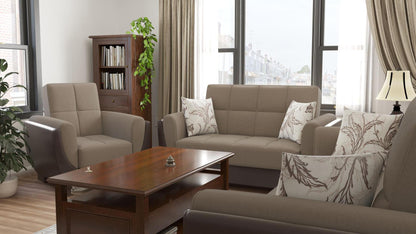 Modern design, Light Taupe, Dark Brown , Chenille, Artificial Leather upholstered convertible Armchair with underseat storage from Voyage Shelter by Ottomanson in living room lifestyle setting with another piece of furniture. This Armchair measures 42 inches width by 36 inches depth by 41 inches height.