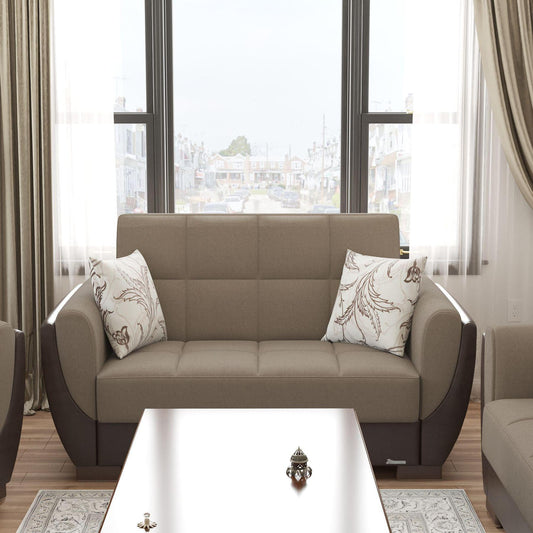 Modern design, Light Taupe, Dark Brown , Chenille, Artificial Leather upholstered convertible sleeper Loveseat with underseat storage from Voyage Shelter by Ottomanson in living room lifestyle setting by itself. This Loveseat measures 71 inches width by 36 inches depth by 41 inches height.
