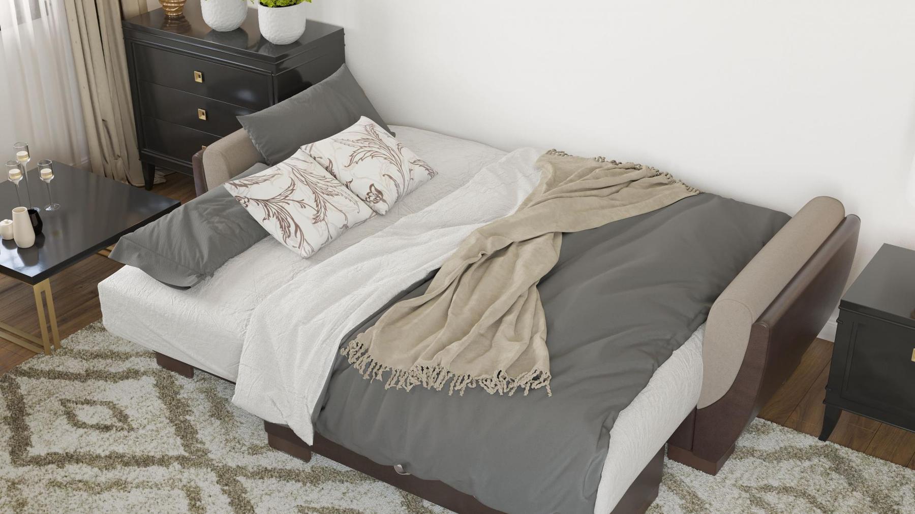 Modern design, Light Taupe, Dark Brown , Chenille, Artificial Leather  upholstered convertible sleeper Sofabed with underseat storage from Voyage Shelter by Ottomanson in living room lifestyle setting converted to sleeper. This Sofabed measures 94 inches width by 36 inches depth by 41 inches height.