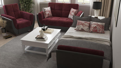 Modern design, Beaujolais, Black , Microfiber, Artificial Leather  upholstered convertible Armchair with underseat storage from Voyage Shelter by Ottomanson in living room lifestyle setting converted to sleeper. This Armchair measures 42 inches width by 36 inches depth by 41 inches height.