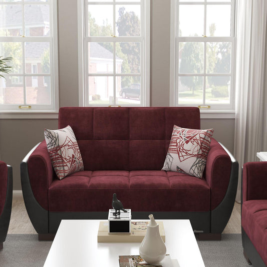 Modern design, Beaujolais, Black , Microfiber, Artificial Leather upholstered convertible sleeper Loveseat with underseat storage from Voyage Shelter by Ottomanson in living room lifestyle setting by itself. This Loveseat measures 71 inches width by 36 inches depth by 41 inches height.