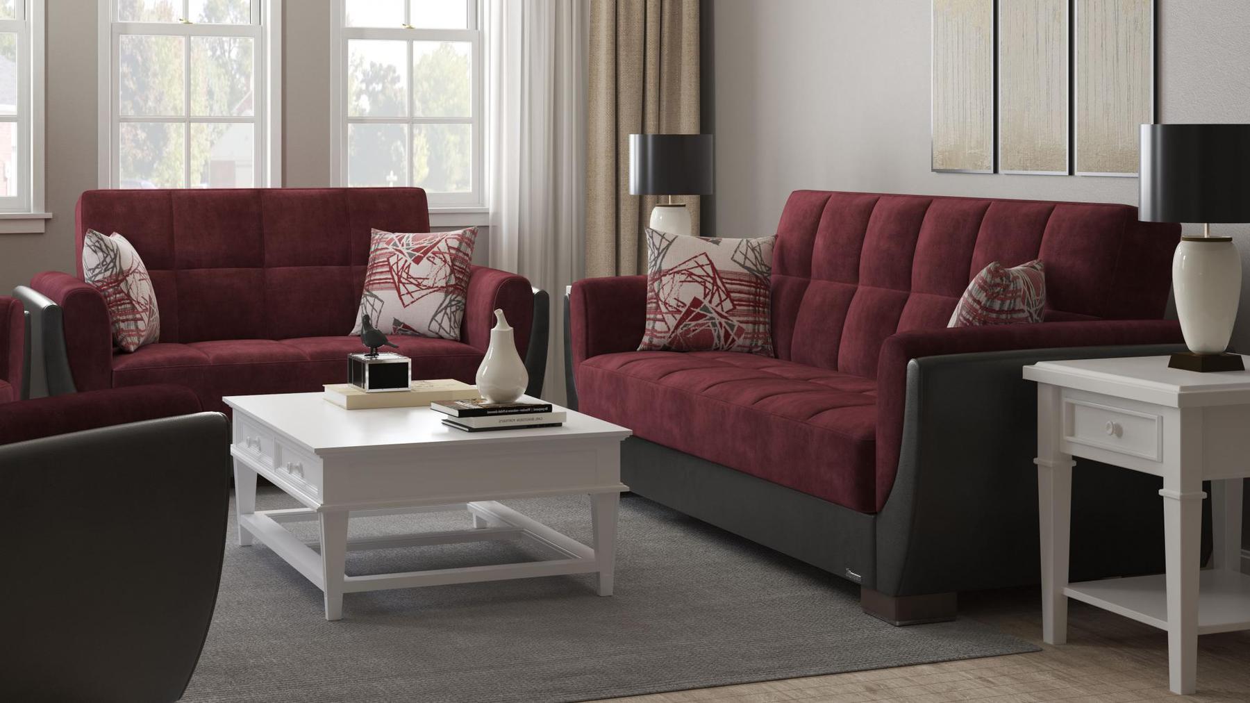 Modern design, Beaujolais, Black , Microfiber, Artificial Leather upholstered convertible sleeper Loveseat with underseat storage from Voyage Shelter by Ottomanson in living room lifestyle setting with another piece of furniture. This Loveseat measures 71 inches width by 36 inches depth by 41 inches height.