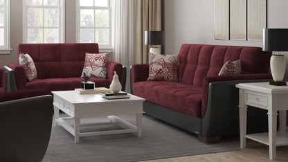 Modern design, Beaujolais, Black , Microfiber, Artificial Leather upholstered convertible sleeper Loveseat with underseat storage from Voyage Shelter by Ottomanson in living room lifestyle setting with another piece of furniture. This Loveseat measures 71 inches width by 36 inches depth by 41 inches height.