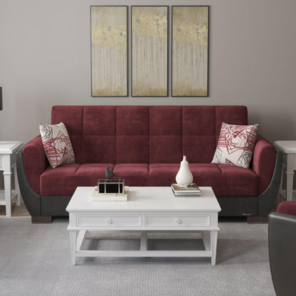 Modern design, Beaujolais, Black , Microfiber, Artificial Leather upholstered convertible sleeper Sofabed with underseat storage from Voyage Shelter by Ottomanson in living room lifestyle setting by itself. This Sofabed measures 94 inches width by 36 inches depth by 41 inches height.