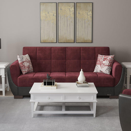 Modern design, Beaujolais, Black , Microfiber, Artificial Leather upholstered convertible sleeper Sofabed with underseat storage from Voyage Shelter by Ottomanson in living room lifestyle setting by itself. This Sofabed measures 94 inches width by 36 inches depth by 41 inches height.