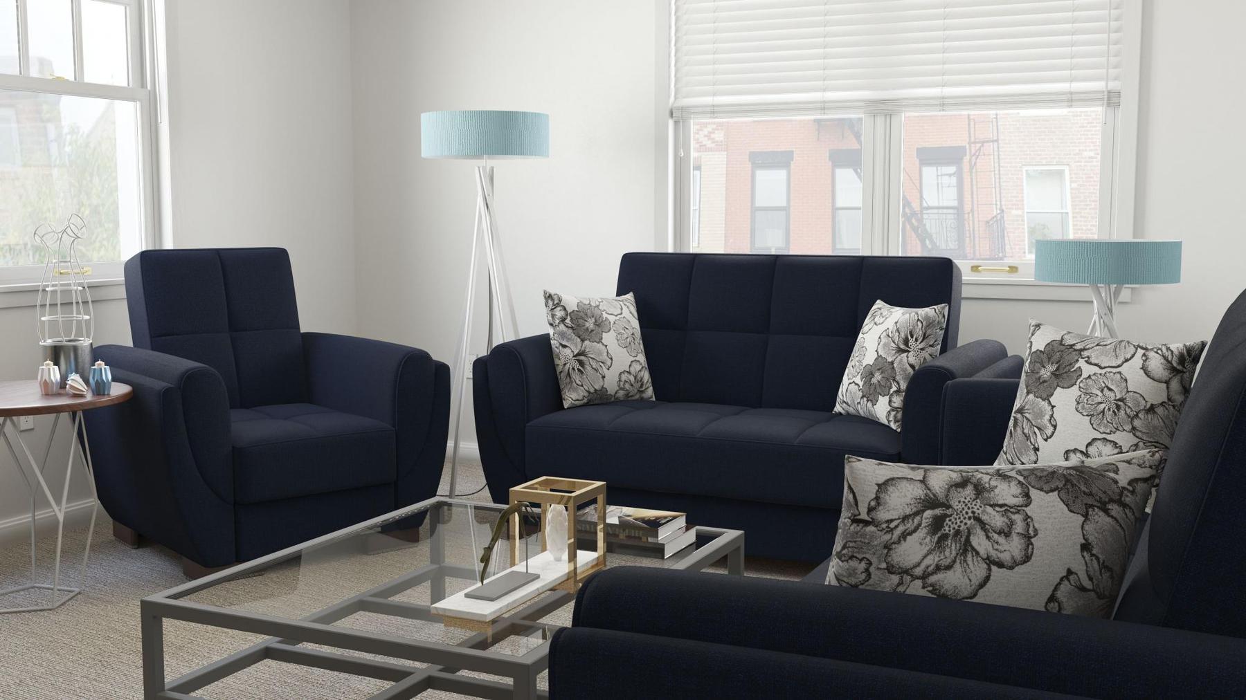 Modern design, Black Blue Denim , Chenille upholstered convertible Armchair with underseat storage from Voyage Shelter by Ottomanson in living room lifestyle setting with another piece of furniture. This Armchair measures 42 inches width by 36 inches depth by 41 inches height.