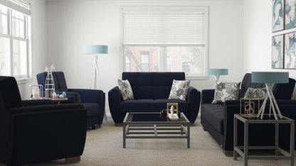 Modern design, Black Blue Denim , Chenille upholstered convertible Armchair with underseat storage from Voyage Shelter by Ottomanson in living room lifestyle setting with the matching furniture set. This Armchair measures 42 inches width by 36 inches depth by 41 inches height.