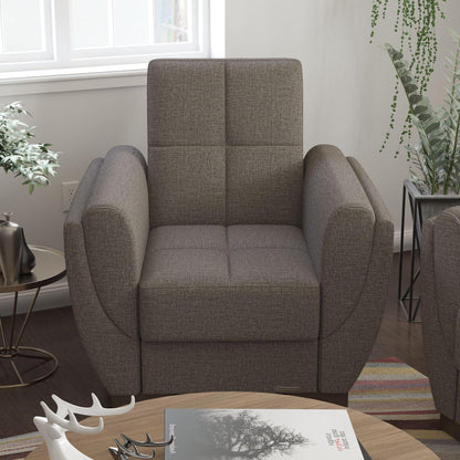 Modern design, Tannin Brown , Chenille upholstered convertible Armchair with underseat storage from Voyage Shelter by Ottomanson in living room lifestyle setting by itself. This Armchair measures 42 inches width by 36 inches depth by 41 inches height.