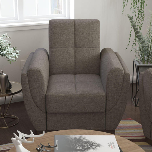 Modern design, Tannin Brown , Chenille upholstered convertible Armchair with underseat storage from Voyage Shelter by Ottomanson in living room lifestyle setting by itself. This Armchair measures 42 inches width by 36 inches depth by 41 inches height.