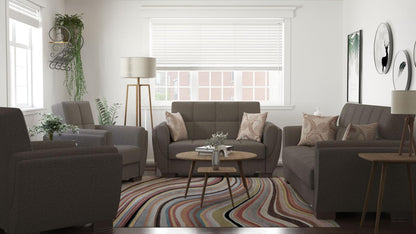 Modern design, Tannin Brown , Chenille upholstered convertible Armchair with underseat storage from Voyage Shelter by Ottomanson in living room lifestyle setting with the matching furniture set. This Armchair measures 42 inches width by 36 inches depth by 41 inches height.
