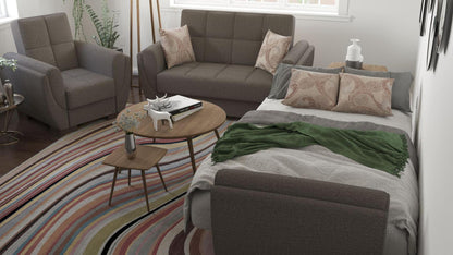 Modern design, Tannin Brown , Chenille  upholstered convertible Armchair with underseat storage from Voyage Shelter by Ottomanson in living room lifestyle setting converted to sleeper. This Armchair measures 42 inches width by 36 inches depth by 41 inches height.
