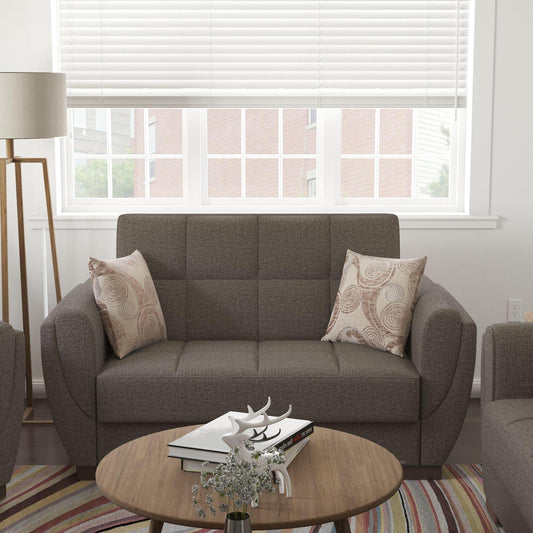 Modern design, Tannin Brown , Chenille upholstered convertible sleeper Loveseat with underseat storage from Voyage Shelter by Ottomanson in living room lifestyle setting by itself. This Loveseat measures 71 inches width by 36 inches depth by 41 inches height.