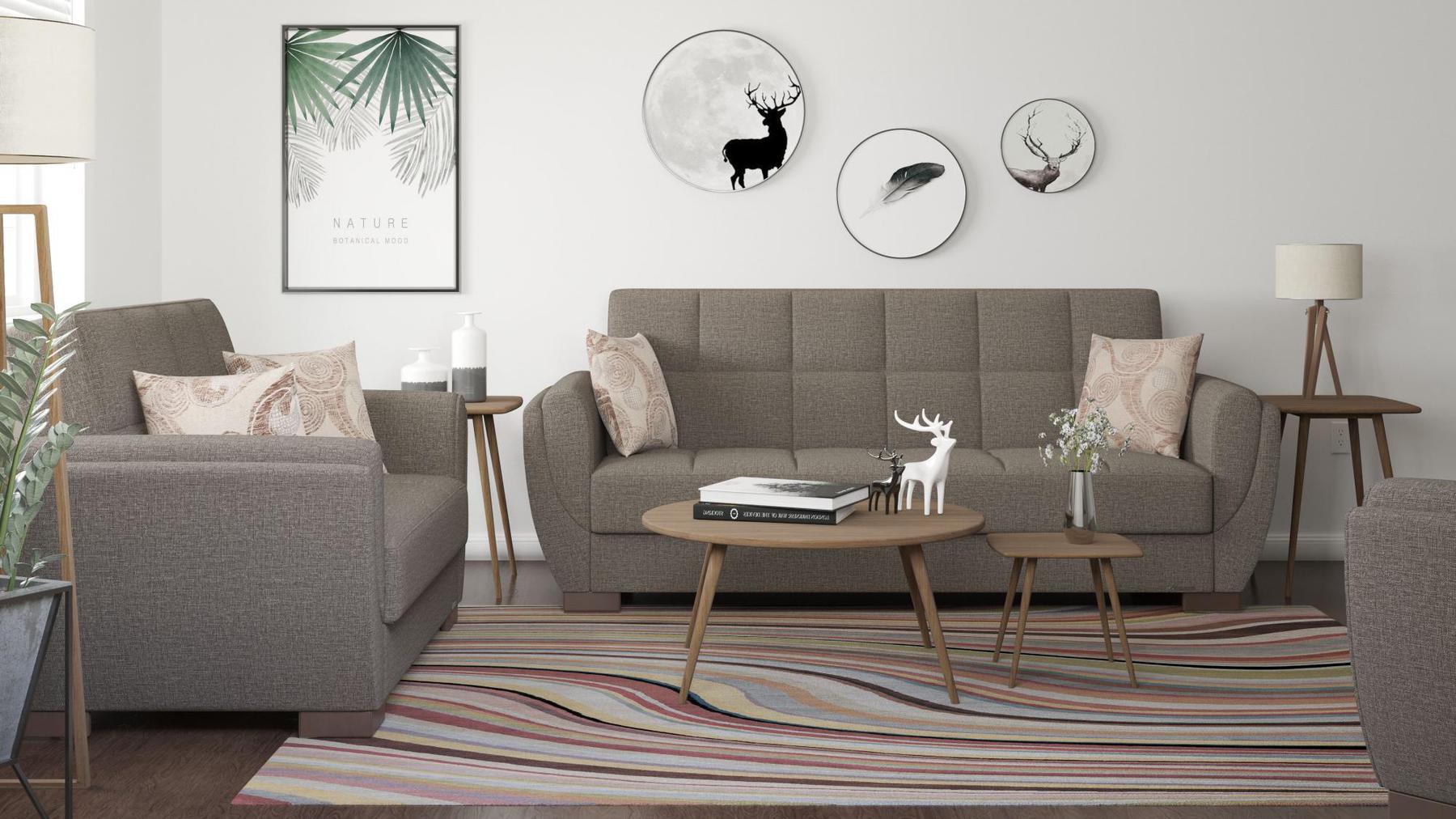 Modern design, Tannin Brown , Chenille upholstered convertible sleeper Sofabed with underseat storage from Voyage Shelter by Ottomanson in living room lifestyle setting with another piece of furniture. This Sofabed measures 94 inches width by 36 inches depth by 41 inches height.