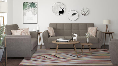 Modern design, Tannin Brown , Chenille upholstered convertible sleeper Sofabed with underseat storage from Voyage Shelter by Ottomanson in living room lifestyle setting with another piece of furniture. This Sofabed measures 94 inches width by 36 inches depth by 41 inches height.