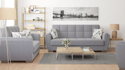 Modern design, Salt and Pepper Gray , Chenille upholstered convertible sleeper Sofabed with underseat storage from Voyage Shelter by Ottomanson in living room lifestyle setting with another piece of furniture. This Sofabed measures 94 inches width by 36 inches depth by 41 inches height.