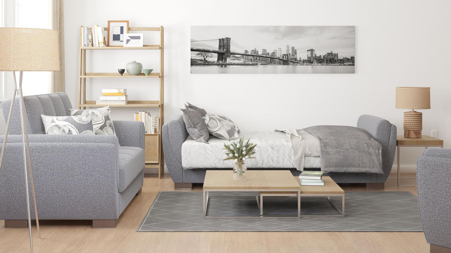 Modern design, Salt and Pepper Gray , Chenille  upholstered convertible sleeper Sofabed with underseat storage from Voyage Shelter by Ottomanson in living room lifestyle setting converted to sleeper. This Sofabed measures 94 inches width by 36 inches depth by 41 inches height.