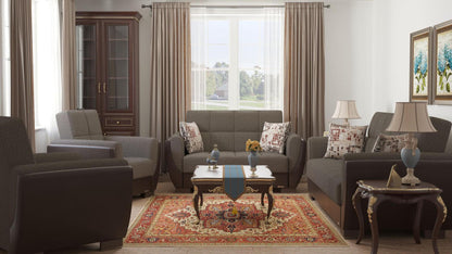 Modern design, Tannin Brown, Dark Brown , Chenille, Artificial Leather upholstered convertible Armchair with underseat storage from Voyage Shelter by Ottomanson in living room lifestyle setting with the matching furniture set. This Armchair measures 42 inches width by 36 inches depth by 41 inches height.