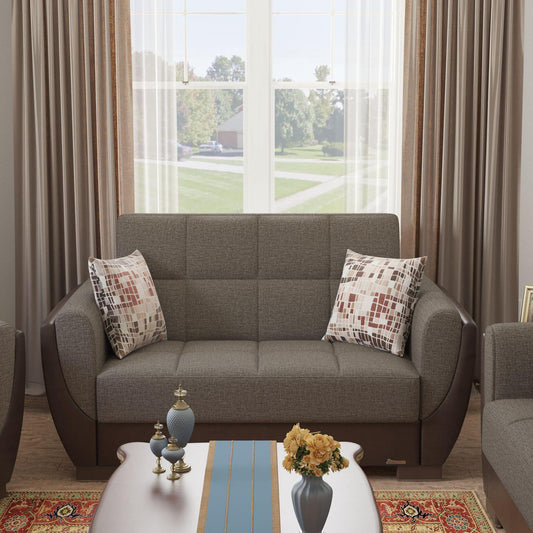 Modern design, Tannin Brown, Dark Brown , Chenille, Artificial Leather upholstered convertible sleeper Loveseat with underseat storage from Voyage Shelter by Ottomanson in living room lifestyle setting by itself. This Loveseat measures 71 inches width by 36 inches depth by 41 inches height.