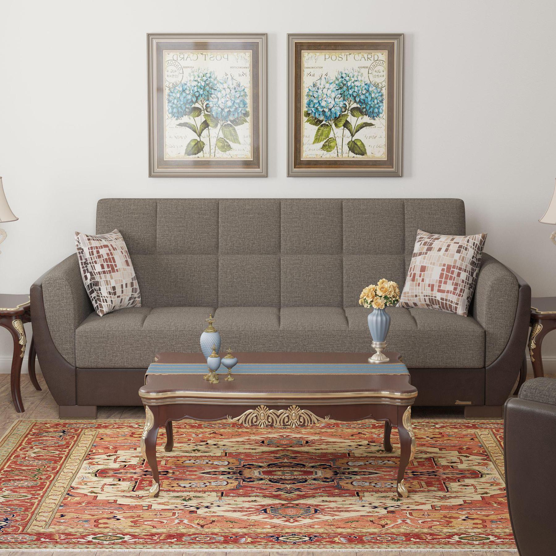 Modern design, Tannin Brown, Dark Brown , Chenille, Artificial Leather upholstered convertible sleeper Sofabed with underseat storage from Voyage Shelter by Ottomanson in living room lifestyle setting by itself. This Sofabed measures 94 inches width by 36 inches depth by 41 inches height.