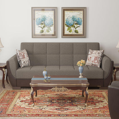 Modern design, Tannin Brown, Dark Brown , Chenille, Artificial Leather upholstered convertible sleeper Sofabed with underseat storage from Voyage Shelter by Ottomanson in living room lifestyle setting by itself. This Sofabed measures 94 inches width by 36 inches depth by 41 inches height.
